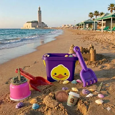 Kit de plage mauve avec seau et accessoires multicolores