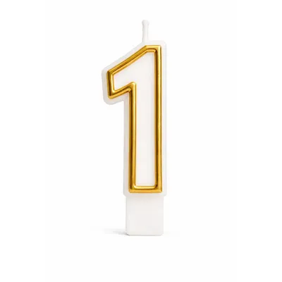 Bougie décorative en forme de 1, blanc et or