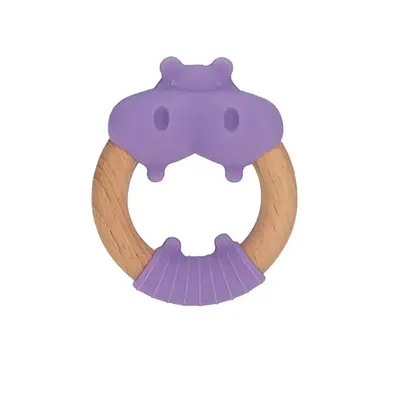 Anneau hippopotame en bois et silicone violet, dès 3 mois