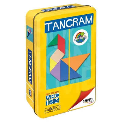 Tangram solo en 7 pièces de bois, boîte métallique jaune