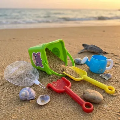 Seau vert à motif animal, arrosoir et outils pour le sable
