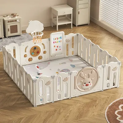 Parc modulable crème 190 × 196 cm avec tableau et panier, motif cerf