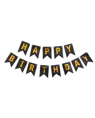 Bannière noire à fanions pointus « Happy Birthday »