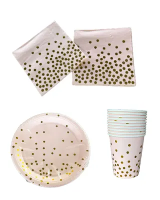 Table rose poudré à pois dorés : serviettes, assiettes et gobelets