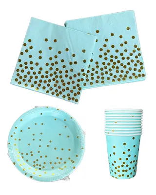 Pack de table bleu clair à pois dorés : assiettes, gobelets et serviettes