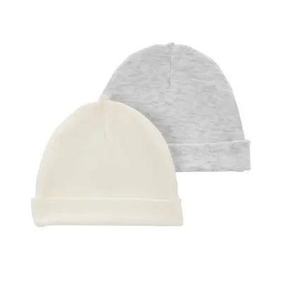 Duo de bonnets côtelés pour bébé, ivoire et gris