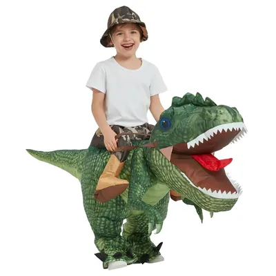 Costume enfant à chevaucher, T-Rex vert et chapeau safari