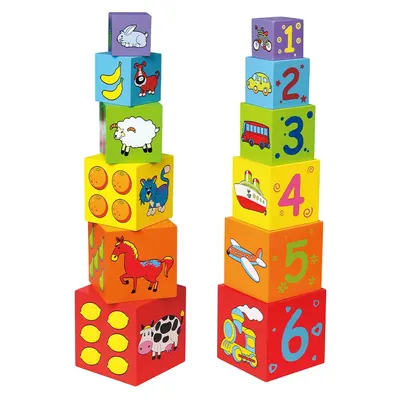 Tour à Empiler Bois 6 Cubes Illustrés Animaux Véhicules Fruits 12M+
