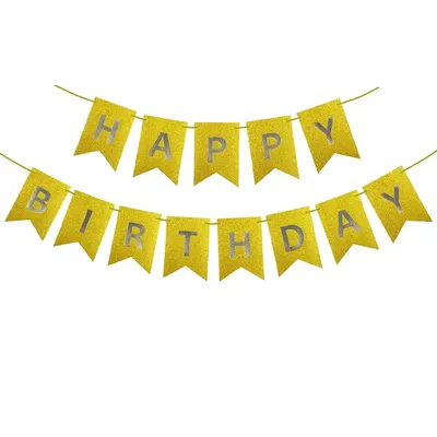 Banderole dorée à fanions « Happy Birthday » en deux rangées