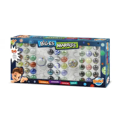 Coffret de 56 billes en verre aux styles variés – Buki