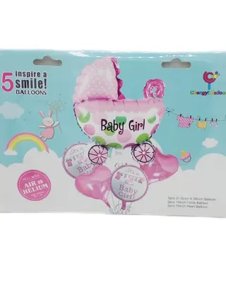 Kit de cinq ballons roses pour baby shower, poussette et cœurs