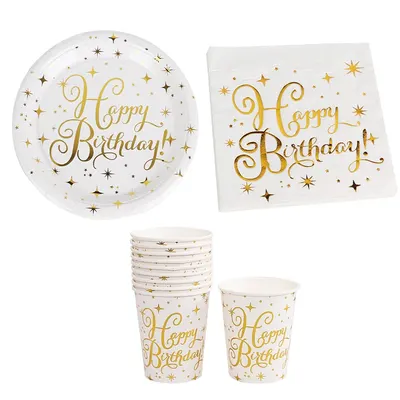 Table d’anniversaire blanc et or, vaisselle assortie par 10