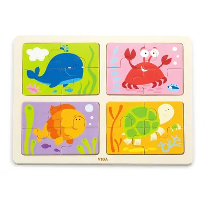 Coffret 4 Mini-Puzzles Bois Créatures Marines 4 Pièces 18M+