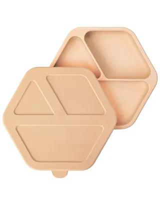Assiette bébé beige à trois compartiments et couvercle sculpté