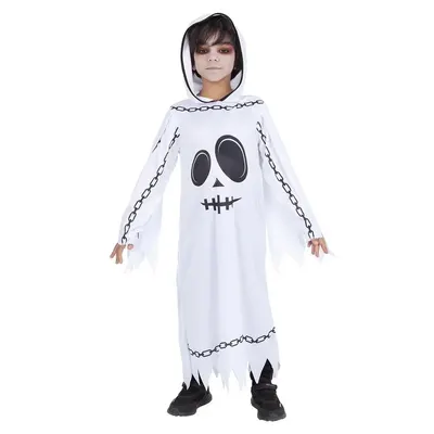 Déguisement enfant fantôme blanc à capuche et chaînes imprimées