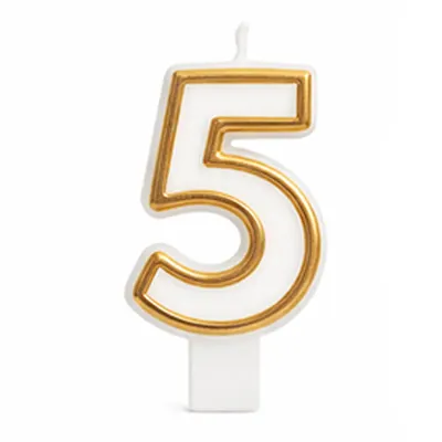 Bougie chiffre 5 blanc et or avec pic pour gâteau