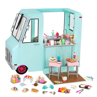 Camion glacier turquoise avec accessoires pour poupée 46 cm