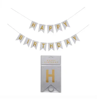 Bannière argentée à fanions « Happy Birthday »