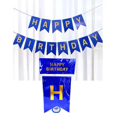 Banderole d’anniversaire aux fanions bleus et lettres dorées