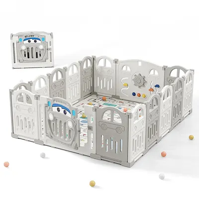 Parc pliable gris à panneaux voiture et tapis de jeu