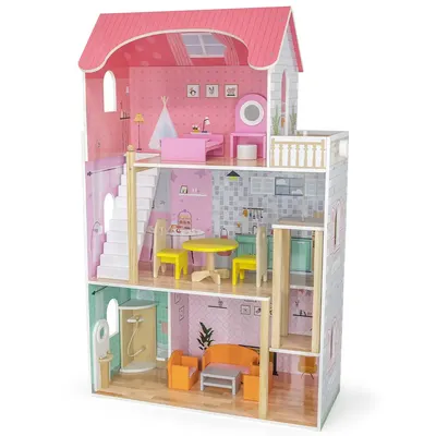 Maison rose à trois niveaux avec ascenseur pour poupées