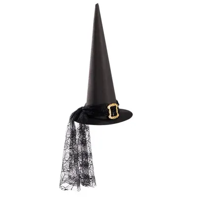 Chapeau de sorcière noir floqué avec voile – 60 cm