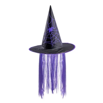 Chapeau de sorcière noir à mèches violettes et toile d’araignée