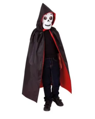 Déguisement avec cape noire à intérieur rouge et masque crâne
