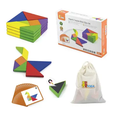 Tangram Magnétique Bois 35 Pièces avec 20 Cartes Modèles Viga Toys 3 Ans+