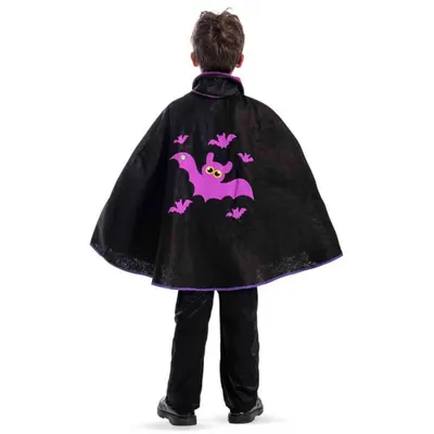Cape enfant noire aux chauves-souris violettes – 65 cm