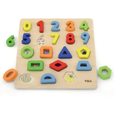 Puzzle en bois à encastrer, chiffres et formes