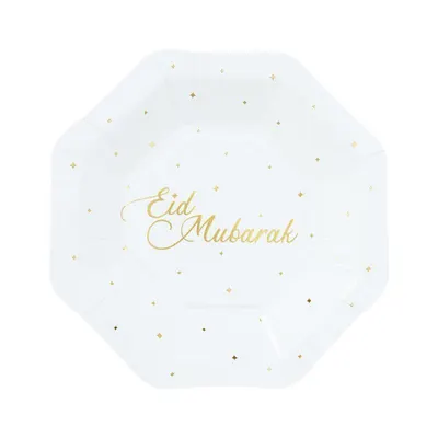 Assiettes Eid Mubarak blanches et dorées, lot de 8