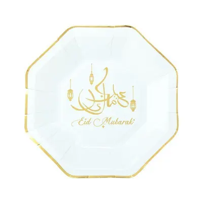 Assiettes octogonales Eid Mubarak blanches et dorées, 23 cm, x8