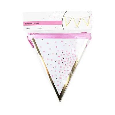 Guirlande Baby Pink à pois et liseré doré, 12 fanions