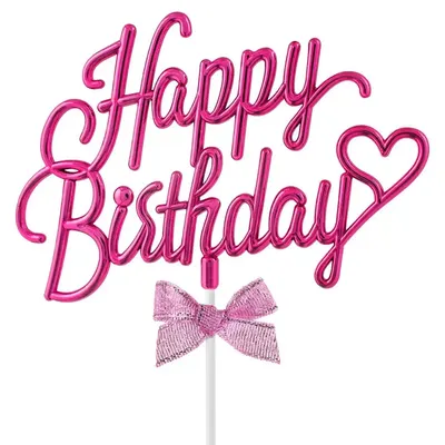 Cake topper rose « Happy Birthday » avec cœur et nœud