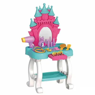 Coiffeuse château rose et turquoise avec miroir et accessoires dès 3 ans