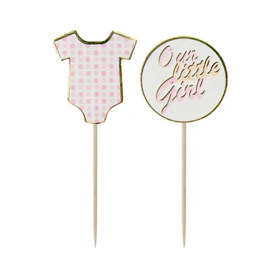 Piques de gâteau rose tendre, motifs bébé, lot de 8