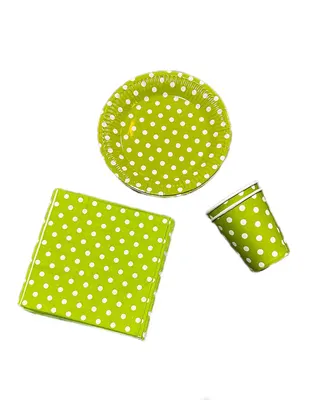 Ensemble de table vert à pois : assiettes, gobelets et serviettes