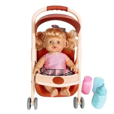 Poupée bébé en poussette brune, tenue rose, dès 3 ans