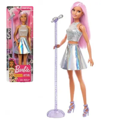 Poupée pop star aux cheveux roses et micro sur pied