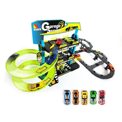 Garage de jeu Molto à trois niveaux, piste et cinq voitures