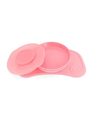 Set repas bébé rose avec assiette ronde et plateau à ventouse, dès 6 mois