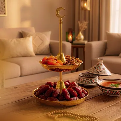 Présentoir doré à deux étages avec croissant décoratif