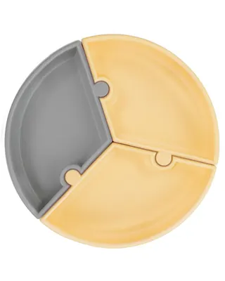 Assiette ronde puzzle jaune et grise en silicone, 3 sections