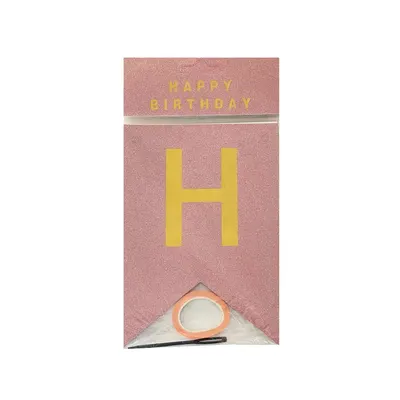 Banderole « Happy Birthday » en lettres dorées sur rose pailleté