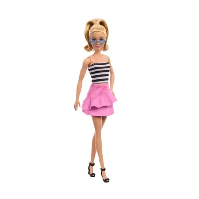 Poupée Barbie blonde à lunettes bleues et jupe rose à volants, dès 3 ans