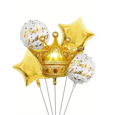 Lot de cinq ballons dorés avec couronne et vœux d’anniversaire