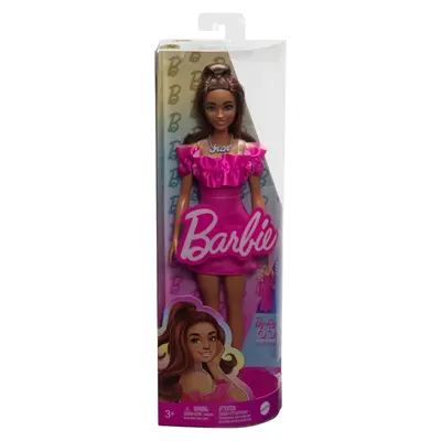 Barbie Fashionistas brune, robe fuchsia à volants et épaules dénudées