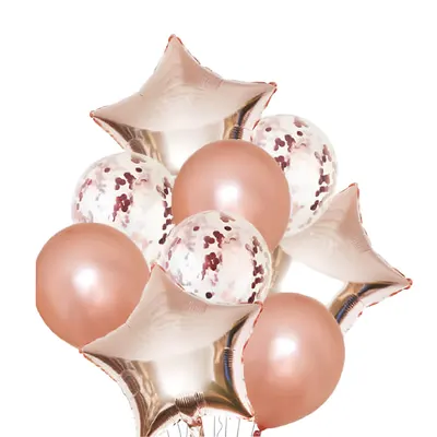 Assortiment de 9 ballons bronze rosé et confettis