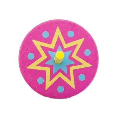 Toupie ronde en bois rose, étoile jaune et bleue